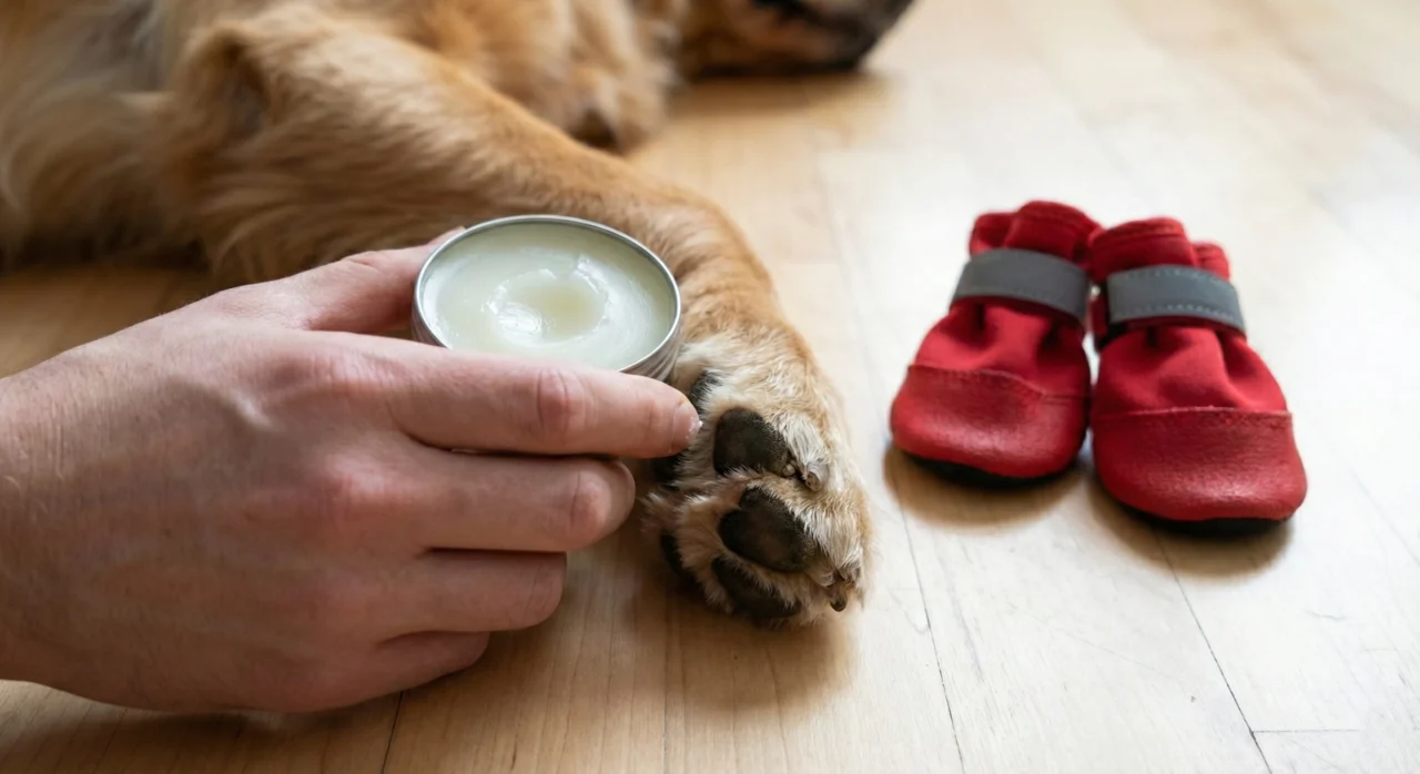 Application d'un baume protecteur sur le coussinet d'un chien, avec des bottes pour chiens rouges à proximité pour la protection hivernale