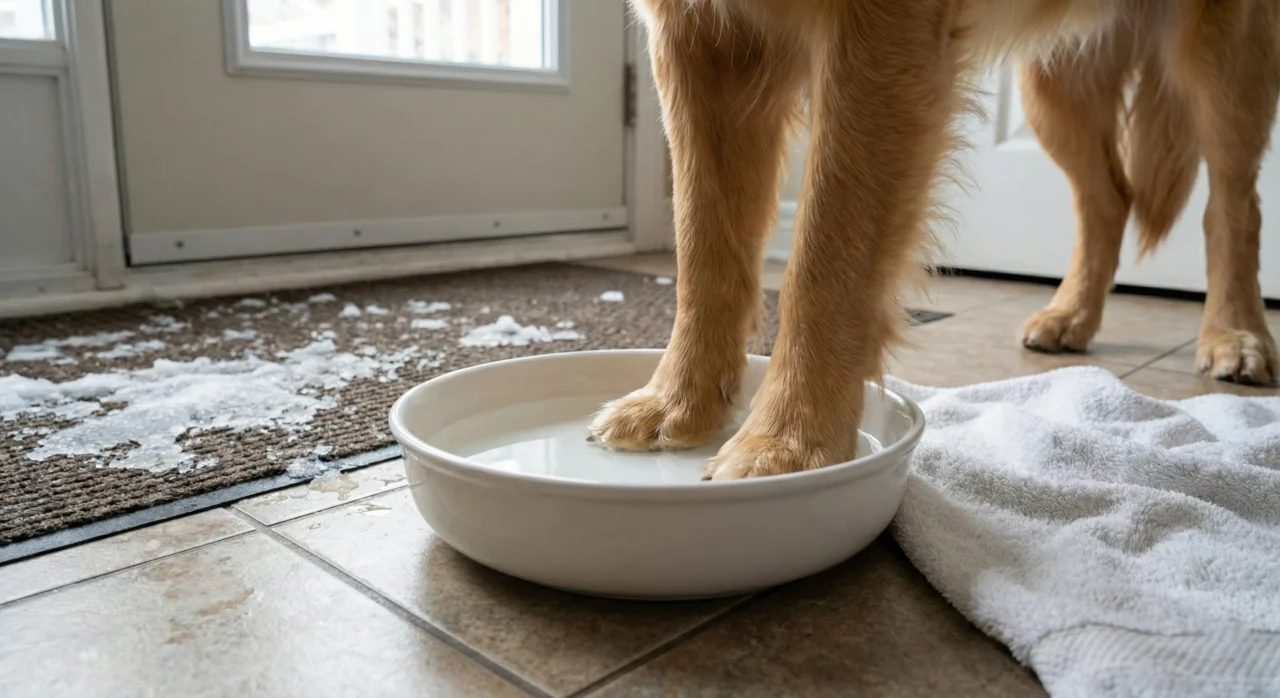 Lavage des pattes d'un golden retriever dans un bol d'eau après une promenade hivernale pour enlever le sel de voirie et les produits chimiques de déglaçage