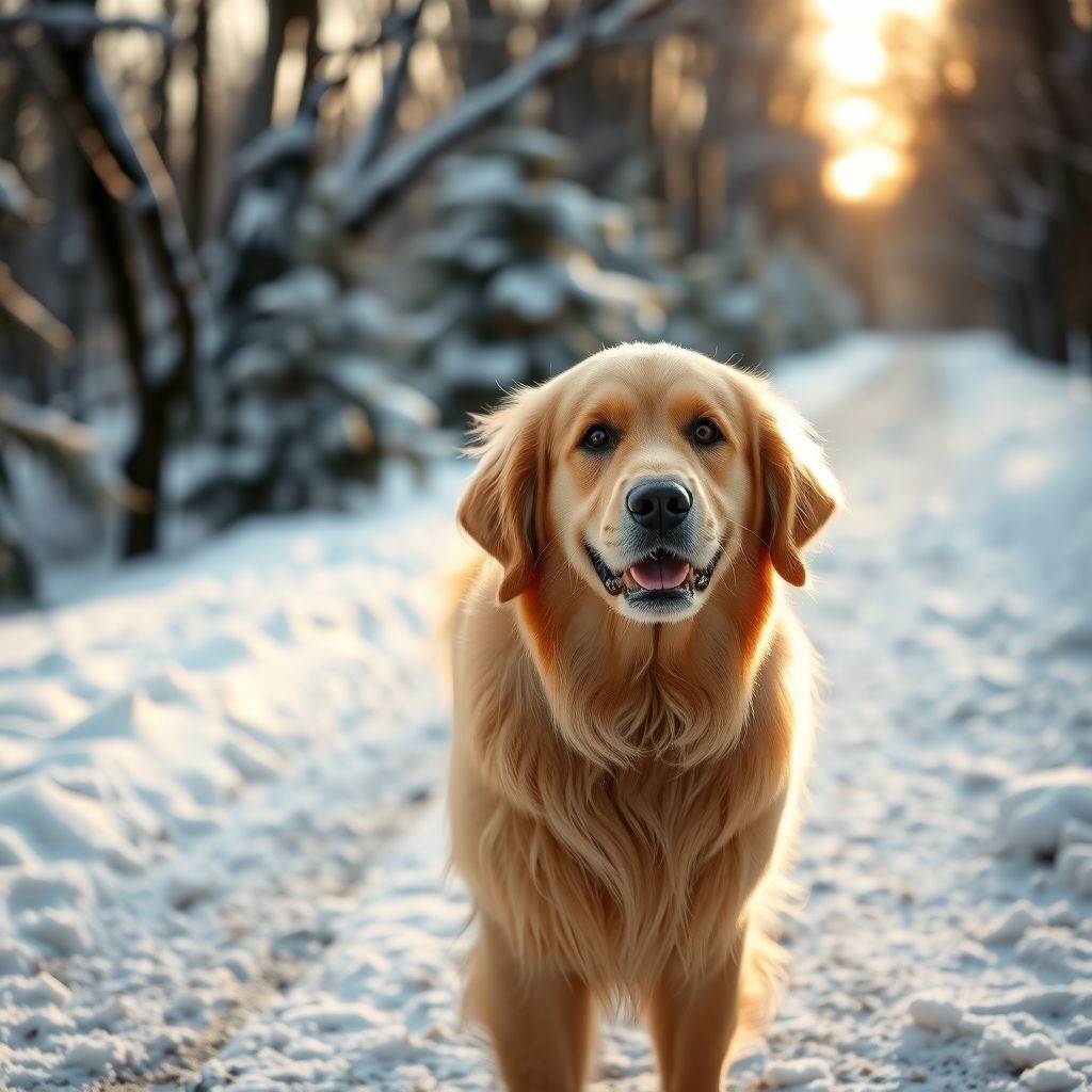 Un chien heureux et bien brossé marchant dans un parc enneigé de Montréal
