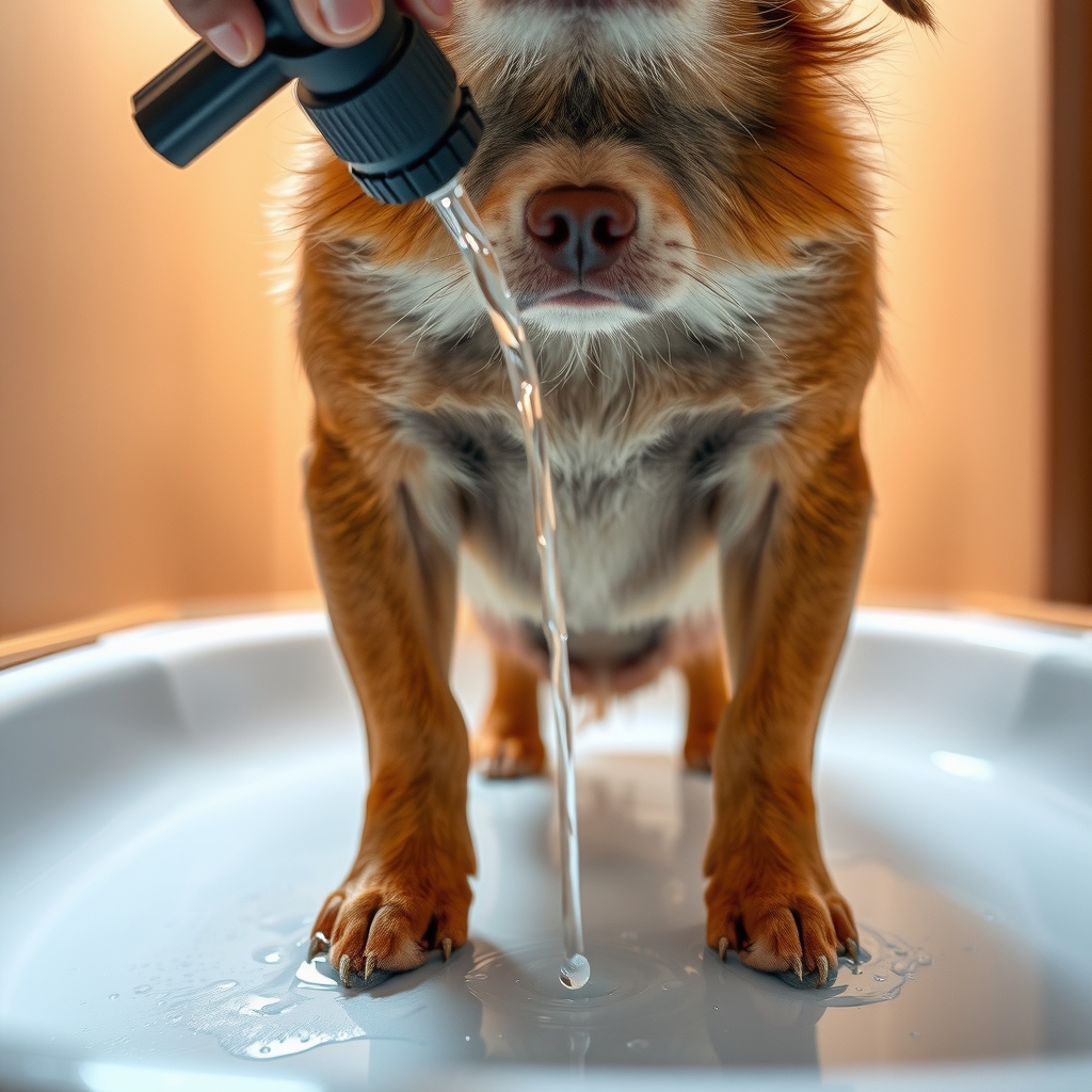 Rinçage à l'eau tiède du ventre et des pattes d'un chien couvert de sel de déglaçage
