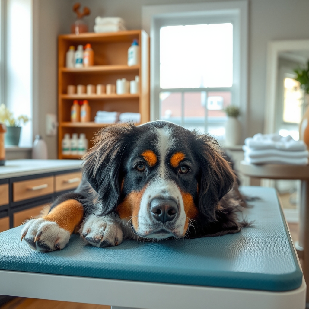Toilettage professionnel d'un chien détendu et soigné dans un salon montréalais